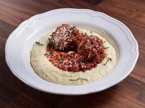 Meatballs with Gravy Over Creamy Polenta Recipe | Jeff Mauro | Food Network Meatballs With Gravy, Cheesy Polenta, Anne Burrell, Polenta Recipe, Meatball Dishes, Perfect Meatballs, How To Cook Polenta, Worst Cooks, Polenta Recipes