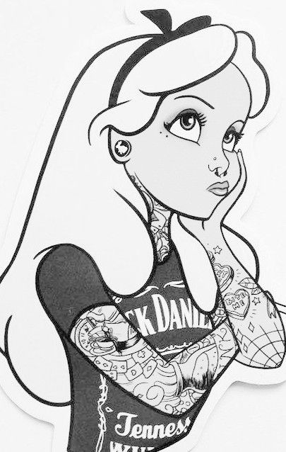 Disney Coloring Pages For Grown Ups, Tattooed Princess, Dark Alice In Wonderland Drawing, Disney Tattoos Sleeve Arm Black And White, Cartoon Coloring Pages For Grown Ups, Disney Tattoos Black And White, Disney Princess Tattoo Ideas, Dark Disney Coloring Pages For Adults, Dark Disney Tattoos