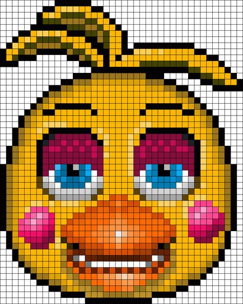 Toy Chica In Daytime Perler Bead Pattern / Bead Sprite Chica Perler Beads, Fnaf Cross Stitch, Fnaf Perler Beads Pattern, Pixel Art Fnaf, Fnaf Pixel Art, Kandi Cuffs, Nerd Crafts, Toy Bonnie, Easy Pixel Art