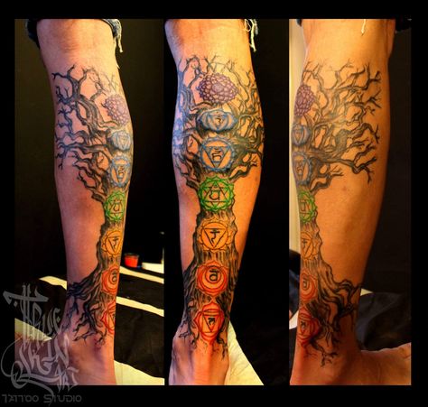 Tree Of Life With Chakras Tattoo, Tree Of Life Yoga Tattoo, Chakra Tree Tattoo, Chakra Tree Of Life Tattoo, Colorful Tree Of Life Tattoo, Chakras Tattoo, Cycling Tattoo, Human Tree, Bali Tattoo