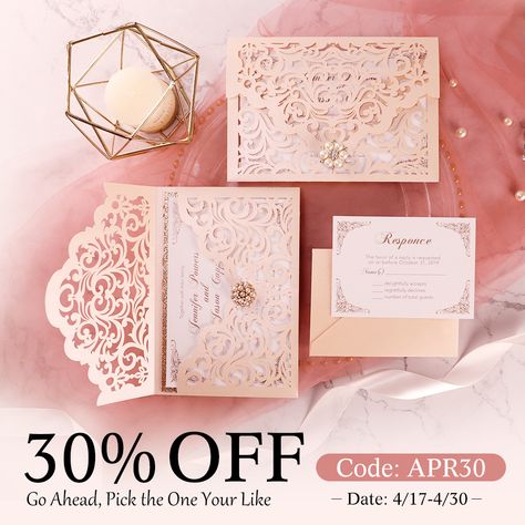 You get a sale, YOU get a sale, EVERYBODY GETS A SALE! 30% OFF Sale | Code: APR30 🔥 Royal Wedding Invitation, Quinceanera Pink, Quince Invitations, Rose Gold Invitations, Cricut Wedding, Gold Wedding Theme, Blush Wedding Invitations, Laser Cut Invitation, Lace Pocket