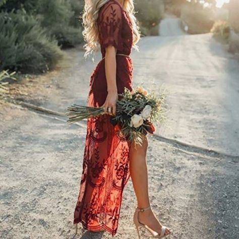 Best In Boutiques Hp 7-26-22 Maroon Wine Red Maxi Dress With Lace Overlay Size S Lined Until Mid Thigh Romper Shorts Lace Sleeves Lace Overlay Maxi Length Good Condition Dress Neckline Has Been Altered- Was Originally A Very Low Plunging Neckline, Sewed Up To A Modest V Neck Stile Hippie Chic, Cherry Print Dress, Short Beach Dresses, Stile Boho Chic, Short Dress White, Split Long Dress, Tulle Maxi Dress, Chic Maxi Dresses, Boho Dresses Long