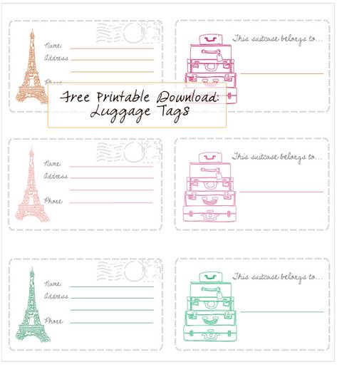 Free Printable: luggage tags Printable Luggage Tags, Luggage Tags Printable, Luggage Tag Template, Kids Luggage Tags, Luggage Tags Diy, Fun Gadgets, Diy Luggage, Luggage Labels, Travel Tags