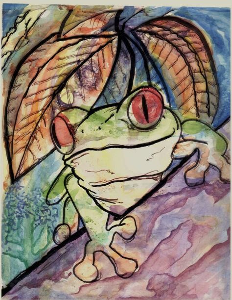 Sharpie Marker on Transparency w/ Watercolor Under-painting......FROG - Conway High School Art Project Tempera Batik, Batik Projects, 7th Grade Art, High School Art Lessons, High School Art Projects, Animal Art Projects, 8th Grade Art, Middle School Art Projects, School Painting