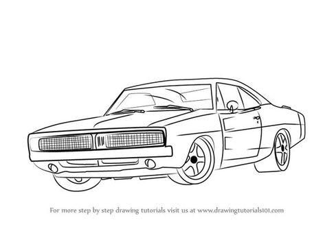 Learn How to Draw a 1969 Dodge Charger (Cars) Step by Step : Drawing Tutorials Drawing On Charger, 1969 Dodge Challenger, Hellcat Drawing, Challenger Drawing, Dodge Charger Art, Draw Cars, Charger Ideas, Cartoon Car Drawing, Cars Drawing