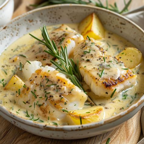 Cod & Potatoes in Rosemary Cream Sauce Ingredients 3 tablespoons extra-virgin olive oil 1 pound Yukon gold potatoes, cut into 1-inch pieces 2 teaspoons kosher salt ¼ teaspoon freshly cracked black pepper 2 tablespoons salted butter 1 large shallot, chopped 3 cloves garlic, minced 1 cup heavy cream ½ cup chicken or fish stock 2 […] Cod Potatoes, Rosemary Cream Sauce, Cod Fish Recipes, Fish Dinner Recipes, Gold Potatoes, Yukon Gold, Cod Recipes, Fish Stock, Yukon Gold Potatoes