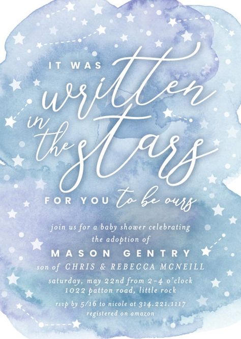 "-------------------------------------------------------------------------- THIS LISTING IS FOR A PRINTABLE PDF -------------------------------------------------------------------------- Celebrate your little miracle with this whimsical 'Written in the Stars' baby shower invitation! Colors and text are fully customizable to match your theme. Please indicate your desired color scheme in the notes section--I am happy to work with you to get it just right. Once I have your information, I will begin Adoption Baby Shower Invitations, Dream Come True Baby Shower Theme, Star Themed Baby Shower Decor, Stay Wild Moon Child Baby Shower Theme, Miracle Baby Shower Theme, Baby Shower Stars And Moon Theme, Dream Baby Shower Theme, Stars And Moon Baby Shower Ideas, Galaxy Baby Shower Ideas