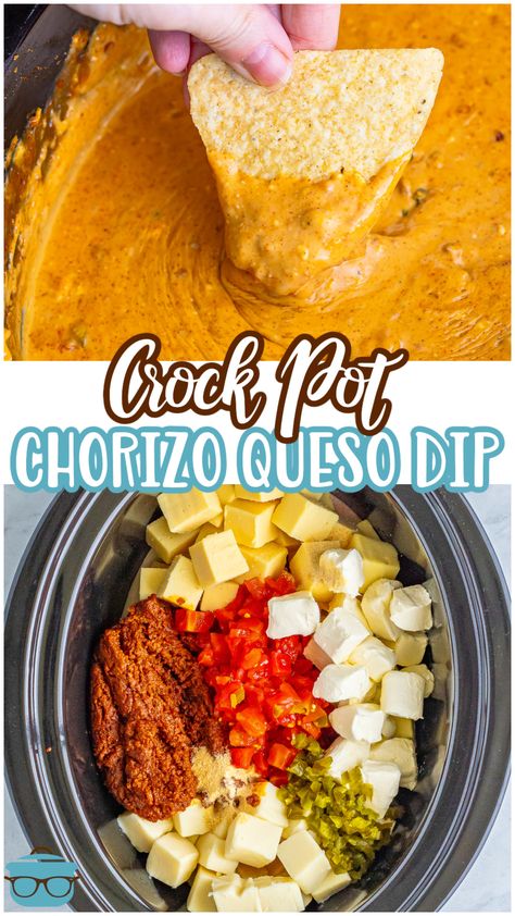 This Crock Pot Chorizo Queso Dip is always a hit at  parties and get togethers! So flavorful with pickled jalapeños, chorizo, Rotel, and of course, cheese! Queso With Half And Half, Slow Cooker Chorizo Queso, Cheese And Chorizo Dip, Chorizo Dip Crockpot, Crock Pot Chorizo Queso Dip, Crockpot Chorizo Queso Dip, Chorizo Queso Dip Crockpot, Chorizo Dip Recipes, Queso Dip Chorizo