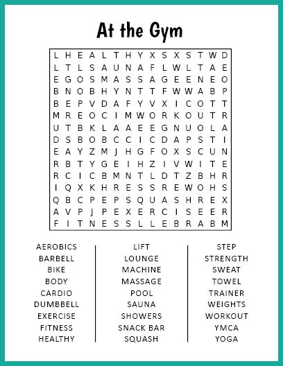 Free Printable At the Gym Word Search Soccer Word Search, Gymnastics Word Search, Sports Crossword, Large Print Crossword Puzzles Printable, Hard Word Search Free Printable, Word Search Puzzles Printables, Kindergarten Colors, Word Search Printables, Number Puzzles