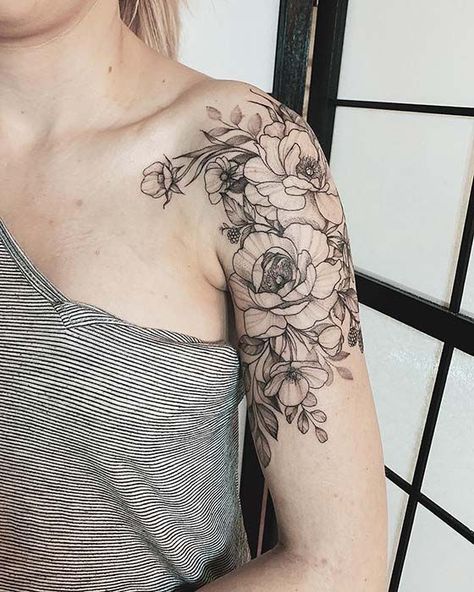 21 Beautiful Peony Tattoo Ideas for Women – StayGlam - Page 2 Floral Tattoo Shoulder, Peony Tattoo, Tattoo Time, Floral Tattoos, Shape Tattoo, Peonies Tattoo, Shoulder Tattoos For Women, Floral Tattoo Design, Tattoos Designs