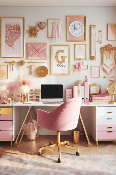 Embrace the power of a small space with this glam home office setup. Featuring blush pink and matte gold accents, alongside motivational decor, it's perfect for the aspiring girl boss. Study Corner Ideas Bedrooms Small Spaces, Pink And Gold Office Decor, Study Makeup, Pink And Gold Office, Girl Boss Desk, Pink Gold Office, Gold Home Office, Vanity Corner, Pink Home Office