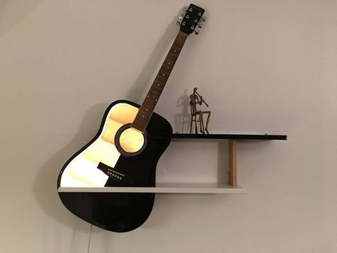 Guitar Design Ideas, Guitar Lamp, Guitar Shelf, Music Furniture, Wall Decor Music, Guitar Display, Music Wall Decor, Guitar Wall Art, Guitar Diy