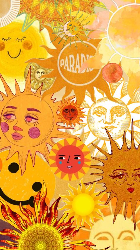 Sun Poster Vintage, Sun Collage Art, Sun Collage Wallpaper, Aesthetic Sun Painting, Sun Drawing Wallpaper, Sun Asthetics Wallpaper, Sunny Wallpers Aesthetic, Sunny Wallpers, Sun Background Aesthetic