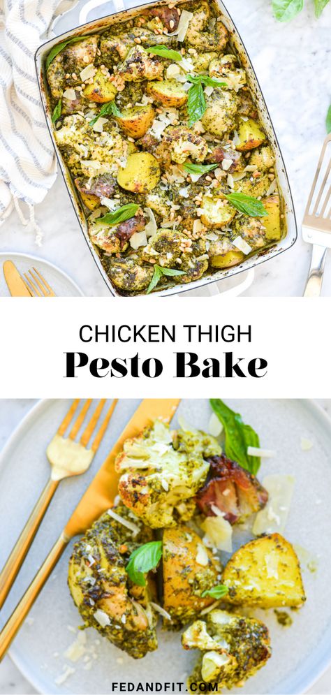 Complete with potatoes, cauliflower, chicken thighs, and bacon, this chicken pesto bake is one of the easiest, most delicious, complete meals to come out of our kitchen! Baked Chicken Pesto, Pesto Chicken Thighs, Chicken Pesto Bake, Pesto Bake, Basil Pesto Chicken, Chicken Thighs Dinner, Cauliflower Chicken, Complete Meals, Baked Pesto Chicken