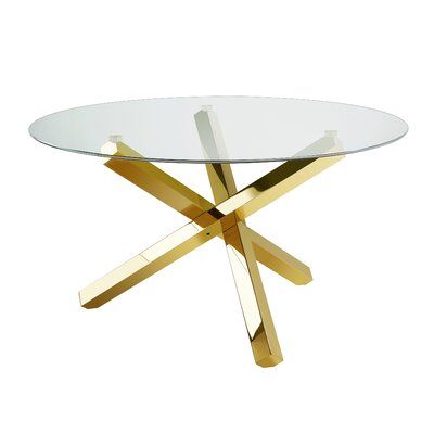 Orren Ellis Stanberry Dining Table Table Base Color: Silver Dining Table Gold Base, Round Glass Dining Table, Buy Dining Table, Stainless Steel Dining Table, Dining Table Gold, Round Dining Table Modern, Dining Table Dimensions, Steel Dining Table, Counter Height Dining Table