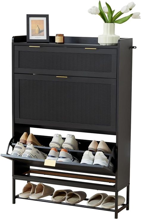 Amazon.com: affeivul Hidden Shoe Cabinet for Entryway Slim, Free Standing Narrow Shoe Rack Cabinet Rattan Carving, 2 Flip Drawer Shoe Storage Organizer Cabinet for Closet,Door,Dorm,Garage,Small Spaces - Black : Home & Kitchen Drawer Shoe Storage, Hidden Shoe Cabinet, Shoe Rack Cabinet, Narrow Shoe Rack, Black Closet, Organizer Cabinet, Wooden Shoe Racks, Entryway Cabinet, Small Closets