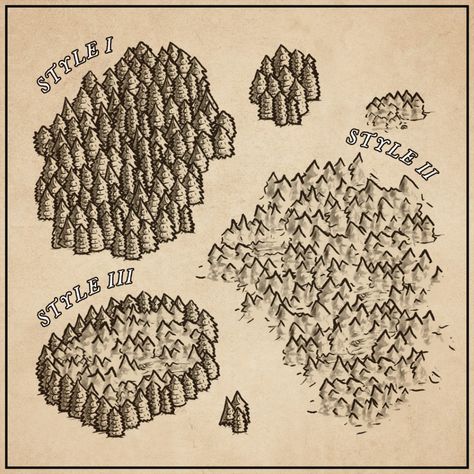 Fantasy Map Farmland, Trees On A Map, Fantasy Map Assets, Fantasy Map Trees, Fantasy Forest Map, Fantasy Maps Drawing, Fantasy Map Ideas, Map Trees, Fantasy Map Drawing Ideas