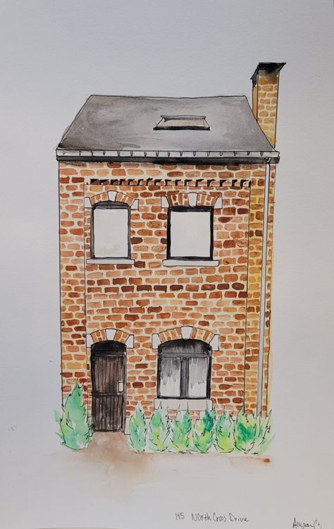 Brick house watercolor painting Brick Watercolor, Farmhouse Brick, Paint Brick, House Illustrations, Painted Gifts, House Watercolor, House Illustration, Painted Brick, Cool Sketches