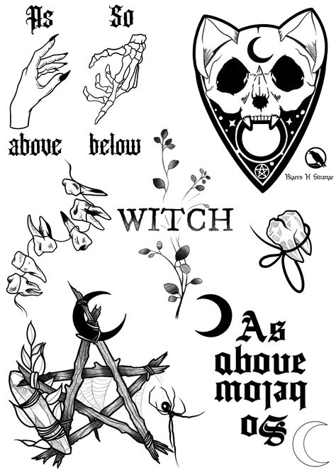 Witch Tattoo Flash Sheet, Spooky Witch Tattoo, Gothic Tattoo Flash Sheet, Witchy Tattoos Ideas, Witchy Flash Art, Witchy Tattoo Stencils, Gothic Mirror Tattoo, Season Of The Witch Tattoo, Goth Tattoo Designs Drawings