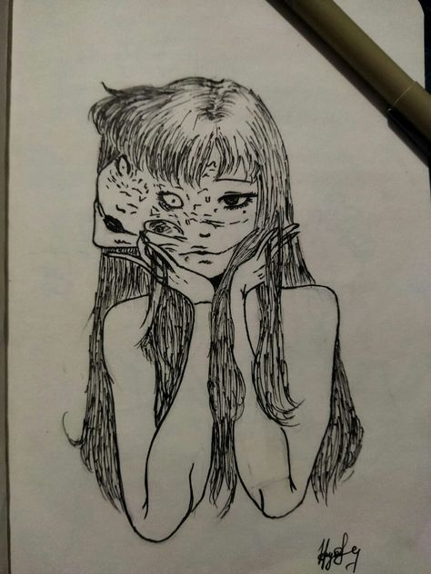 Cracked Doll Face Drawing, Creepy Core Drawing, Creepy Girl Drawing, Emotion Drawings, Sketch Dark, Scary Drawings, Creepy Drawings, Doodle Art Drawing, Meaningful Drawings