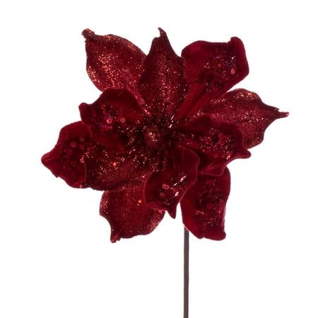 Vickerman 15" Artificial Red Deluxe Magnolia Christmas Stem. The stem measures 15 inches from top to bottom. The flower measures 8 inches wide. This sparkling glitter accented Magnolia stem features a wired stem for easy shaping and includes 6 flowers per bag. Recommended for Indoor Use. For additional complimentary accents see the many ornaments and accents available from Vickerman. Vickerman has been an industry leader since 1940. Enjoy this expertly designed decoration around your home. Size: 15". Burgundy Christmas Decor, Magnolia Christmas, Burgundy Christmas, Ribbon Wreath Christmas, Christmas Stem, Dining Room Centerpiece, Holiday Arrangement, Holiday Flower, Burgundy Flowers