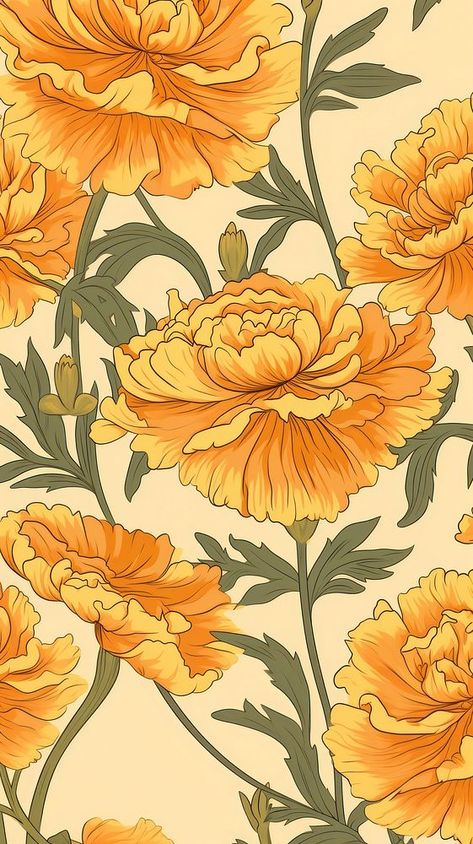 Marigold flower wallpaper pattern plant.  | premium image by rawpixel.com / Jennifer Claesson Orange Marigold Aesthetic, Marigold Wall Art, Marigold Color Aesthetic, Marigold Illustration Indian, Marigold Flower Art, Art Nouveau Marigold, Marigold Logo, Marigold Aesthetic, Marigold Background