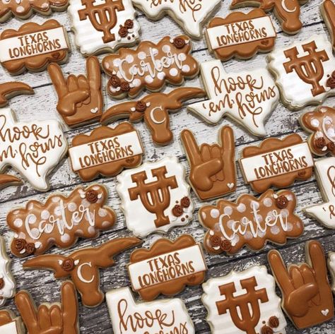 Texas Longhorn Cookies Decorated, Ut Cookies Decorated, Texas Longhorn Birthday Party, Longhorn Cookies, Longhorn Party, Hookem Horns, Wedding Cocktail Hour Food, Ut Texas, Senior Board