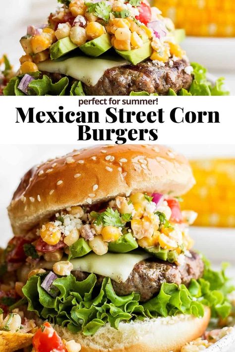 Santa Fe Burger, Mexican Burger Recipes, Elote Burger, Mexican Hamburgers, Creative Burger Ideas, Mexican Cheeseburger, Mexican Street Food Snacks, Mexican Burgers, Mexican Hamburger