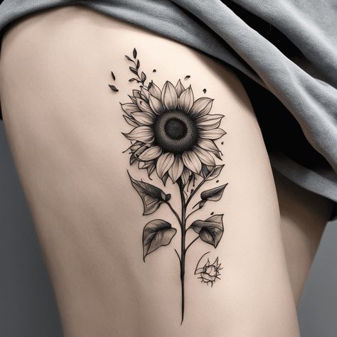 Sunflower Tattoo On Leg, Sunflower Thigh Tattoo, Sunflower Tattoo Black And White, Sunflower Tattoo Stencil, Charlie Tattoo, Small Sunflower Tattoo, Sunflower Mandala Tattoo, Sunflower Tattoo Ideas, Tattoo Sunflower