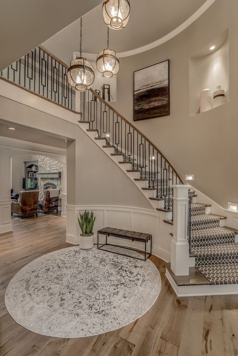 Staircase - Transitional - Staircase - Seattle - by Stefanie Brooks Interior Design | Houzz Remodeling Stairs Ideas, Cozy Staircase, Staircase Ideas Decoration, Double Staircase Foyer, Dream Staircase, Open Staircase Ideas, Iron Stair Balusters, Foyer With Stairs, Built In Bench Seating