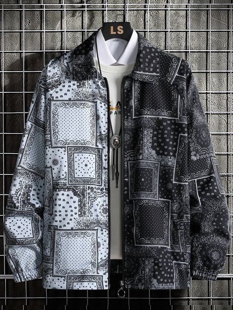 Black and White Street Collar Long Sleeve Fabric Paisley,Patchwork Other Embellished Non-Stretch  Men Outerwear Drop Shoulder Jacket, Hip Hop Cargo Pants, Cool Shirts For Men, Shoulder Jacket, Men Outerwear, Mens Smart Casual Outfits, Owl Coffee, Men Street Fashion, Mens Fasion