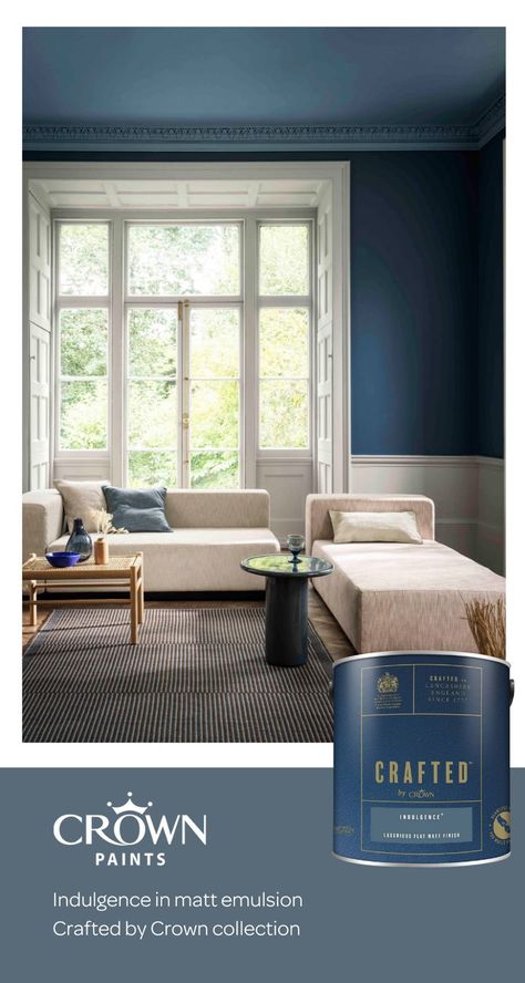 Dive right in 💙 Transport your home to sunnier climates with 🎨 Scrapbook, a beautiful mid-tone blue reminiscent of ocean waves. 🎨 Scrapbook, Indulgence and Clay Like, Crafted™ by Crown collection Crown Paint, Luxurious Flat, Bathroom Feature Wall, Stairs In Kitchen, Dark Blue Paint, Wall Colours, Crown Paints, Shades Of Dark Blue, Crown Collection