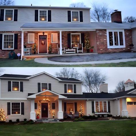 Outside Home Remodel Before And After, Change Exterior Of House, 1970s Home Exterior Makeover, 80s Home Exterior Update, Colonial House Exterior Before And After, 1990 House Exterior, Roof Renovation Before And After, Colonial House Exterior Update, Change Roof Line Before And After