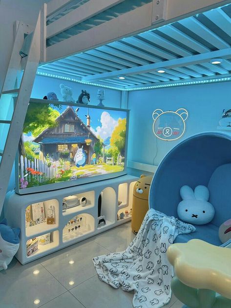 Shryma Bedroom, Kawaii Gamer Bedroom, Blue Gamer Room, Bedroom Background Aesthetic, Bedroom Decor Gamer, Anime Bedroom Background, Sonic Room, Bedroom Anime, Room Anime