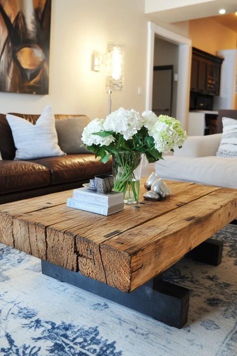 "Add rustic elegance to your living room with a DIY Reclaimed Wood Coffee Table! 🛠️☕ A great way to blend functionality with vintage charm. 🌿✨ #DIYProjects #RusticStyle #ReclaimedWoodDecor" Beam Coffee Table Diy, Diy Wood Centerpieces, Wood Coffee Table Diy, Distressed Wood Coffee Table, Wood Coffe Table, Old Structures, Tall Coffee Table, Diy Reclaimed Wood, Cabin Remodel