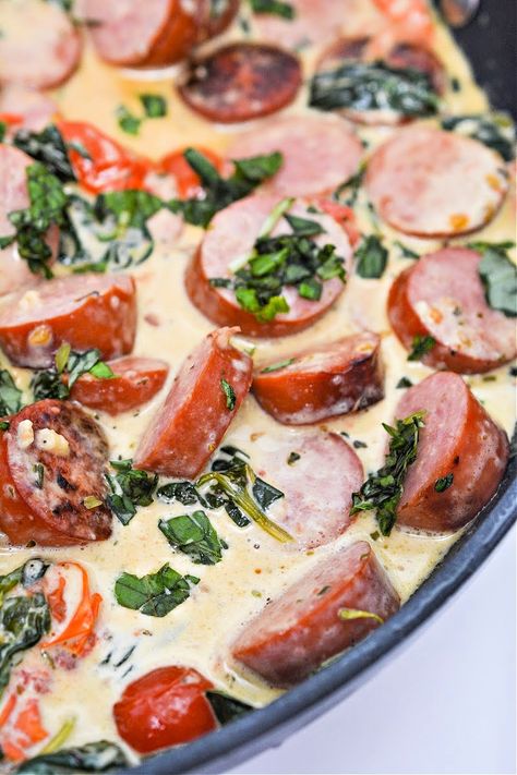 Keto Creamy Italian Smoked Sausage Skillet - Ready In 30 Minutes Keto Recipes With Smoked Sausage, Low Carb Sausage Recipes, Turkey Kielbasa Recipes, Kilbasa Sausage Recipes, Hot Sausage Recipes, Ground Italian Sausage Recipes, Healthy Sausage Recipes, Sausage Skillet Recipe, Easy Sausage Recipes