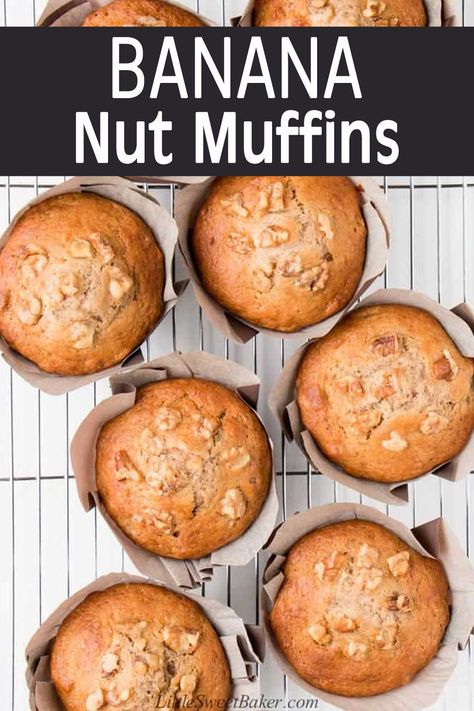 These banana nut muffins are soft, fluffy, moist, and loaded with banana flavor. They have that signature bakery-style large muffin tops and they’re ready for the oven in only 15 minutes. Pumpkin Banana Nut Muffins, 4 Banana Muffin Recipe, Bakery Style Banana Nut Muffins, Bakery Banana Muffins, Banana Nut Muffins Recipe Moist, Banana Nut Muffins Easy, Jumbo Banana Nut Muffins, Breakfast Pastries Easy, Buttermilk Banana Muffins