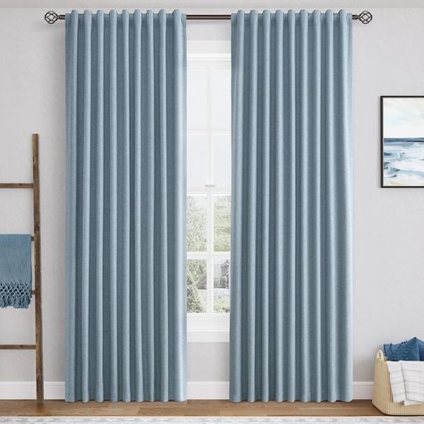 Amazon.com: Flax Linen Black Out Curtains for Bedroom Windows 84 Inch Long 2 Panels Back Tab Track System Burlap Textured Thermal Light Blackout Curtain Drapes Living Room Decor Sand Earthy Tone Tan Beige : Home & Kitchen Blue Patterned Curtains, Curtains For Light Blue Walls, Blue Curtains Living Room Ideas, Neutral Farmhouse Living Room, Curtains Track, Teal Curtains, Neutral Farmhouse, Linen Blackout Curtains, Curtains For Bedroom