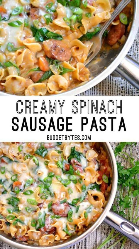 Creamy Spinach and Sausage Pasta Cheesy Sausage Pasta, Spinach Sausage, Sausage Spinach Pasta, Pasta Creamy, One Pot Meal, Easy One Pot Meals, Spinach Pasta, Creamy Spinach, Sausage Pasta