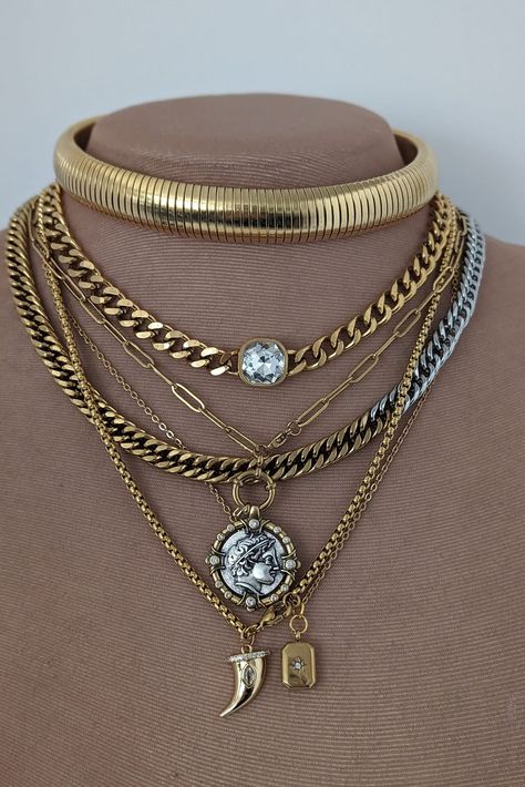 Mixed Chain Necklace, Necklace Set Gold, Ancient Coin, Tarnished Jewelry, Horn Pendant, Multi Layer Necklace, Layer Necklace, Gold Necklace Set, Ancient Coins