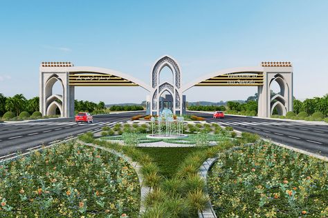 Town's gate entrance on Behance Resort Gate Design Entrance, City Gate Design, Gate Lighting Ideas, Entrance Arch Design, Gate Entrance, Gate City, Hotel Floor Plan, Gate Wall Design, Gate Designs Modern