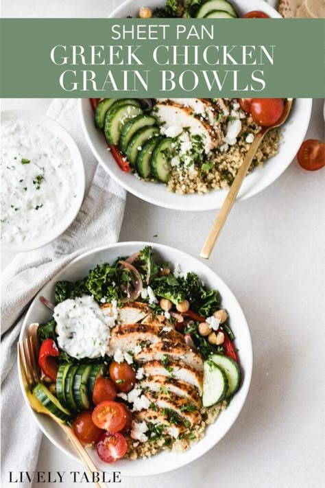 Sheet Pan Greek Chicken And Veggies With Tzatziki Sauce, Healthy Greek Chicken, Healthy Bowl Recipes, Greek Chicken Bowls, Healthy Chicken Dinner Recipes, Dietitian Recipes, Gi Diet, Nourish Bowls, Healthy Main Dishes