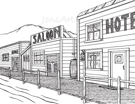 Wild West Drawing, Town Coloring Pages, Cowboy Town, Town Drawing, Old Western Towns, Old West Town, Old Town Road, Old Western, West Town