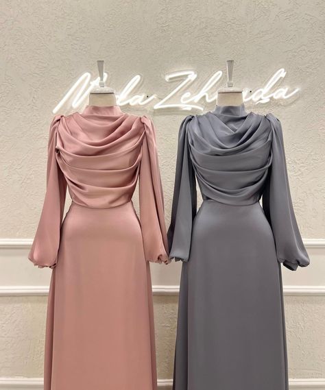 Satin Dress Hijab, Bridesmaids Hijab, Hijab Casual Outfit, Lebaran Outfit, Braidsmaid Dresses, Elegant Silk Dresses, Simple Long Dress, Islamic Fashion Dresses, Estilo Hijab