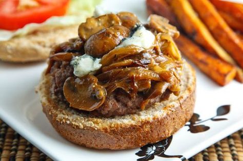 Burgers Smothered in a Caramelized Onion, Mushroom and Blue Cheese Sauce Mushroom Blue Cheese, Carmalized Onion, Mushroom Blue, Blue Cheese Sauce, Cheese Sauce Recipe, Grilled Burgers, Caramelized Onion, Wrap Sandwiches, Cheese Sauce