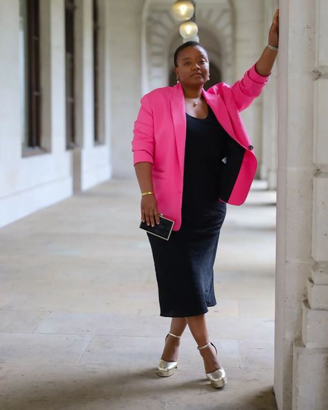 Night to Day or Day to Night? Outfit Formula: A @riverisland black slip dress (black is versatile), a hot pink blazer (to add some colour and feminine touch) and pearl jewellery for a classy lady @monicavinader. Night- @asos gold comfy platforms to keep you up all night if you like or elevate the look and height 😬. A classy black and gold sequin clutch bag. Day- @riverisland gold and black mary-jane like pumps (not over the top for office shoes either). A @kurtgeiger tote bag via @shoeaho... Hot Pink Satin Dress With Blazer, Pink Dress Black Blazer, Spring Evening Black Blazer Dress, Black Spring Evening Blazer Dress, Spring Evening Midi-length Blazer Dress, Hot Pink Blazers, Sequin Clutch, Black Slip Dress, Office Shoes