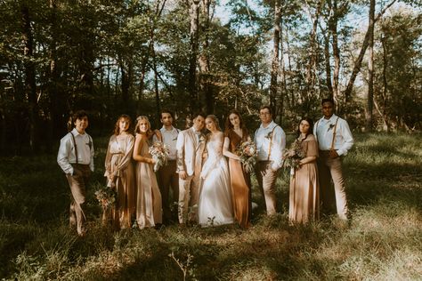 Moody wedding set in the woods #bride #groom #wedding #bohowedding #intimatewedding #woods #forest #bridesmaids #groomsmen #weddingideas Forest Bridal Party, Moody Vintage Wedding Photos, Moody Bridesmaid Photos, Forest Wedding Bridal Party, Forest Bridesmaids, Moody Wedding Dress, Bridal Party Shots, 10 Bridesmaids, Woods Wedding Photos