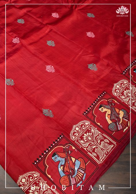 Madhubani Art Design Saree, Patachitra Paintings Saree, Indian Fabric Painting, Fabric Painting On Red Saree, Madhubani Paintings On Saree, Patachitra Paintings Folk, Patchitra Painting Odisha, Patachitra Paintings Design, Madhubani Painting On Fabric