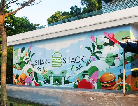 Shake Shack : Sentosa Hoarding Hoarding Design, Naive Illustration, Shake Shack, Urban Jungle, Freelancing Jobs, Wall Art Designs, Palm Trees, Sea Shells, Street Art