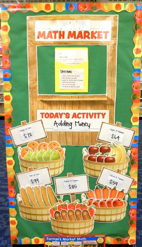 Better Bulletin Boards: Farmer's Market Math.-- Excellent for estimation, calculation and decimals. Farmers Market Bulletin Board, Maths Classroom Displays, Adding Money, Maths Display, Math Bulletin Boards, Interactive Bulletin Boards, Interactive Bulletin Board, Money Math, Math Boards